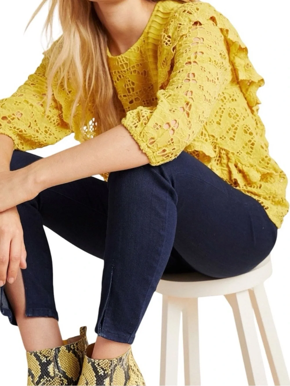 Anthropologie Clementine Eyelet Lace Ruffle Babydoll Blouse Yellow US 12